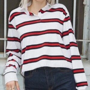 Pre-loved Brandy Melville J Galt White Rugby Shirt Navy/Red Stripes - Size S